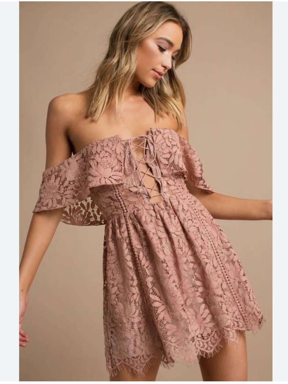 Tobi Off-Shoulder Lace Mini Dress in Dusty Rose